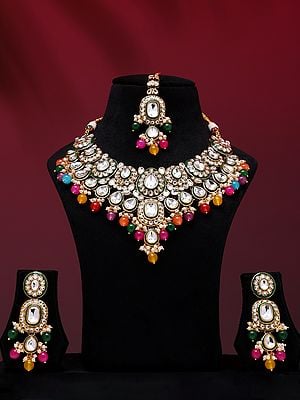 Multicolor Beads and Kundan Studded Necklace Set with Earrings and Mangtika