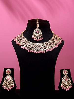 Stone Studded and Beaded Necklace Set with Earrings and Mangtika