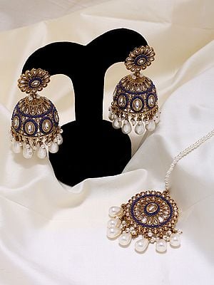 Kundan Studded Jhumka and Mangtika Set with Drop Beads