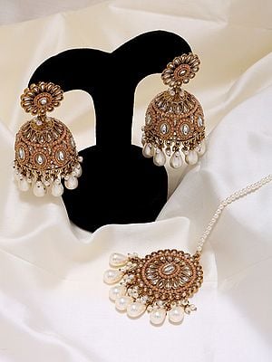 Kundan Studded Jhumka and Mangtika Set with Drop Beads