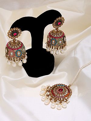 Kundan Studded Jhumka and Mangtika Set with Drop Beads