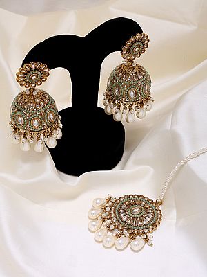 Blue Gemstone Jhumka Earrings and Mangtika Set with Pearls