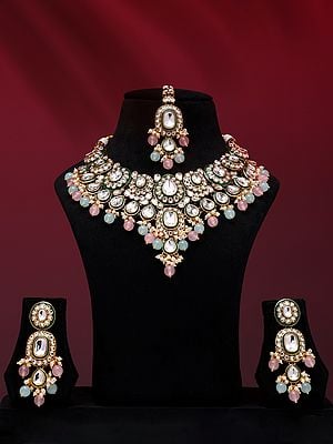 Kundan Studded and Beaded Necklace Set with Earrings and Mangtika