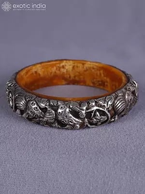 3.5" Engraved Designer Amber And Silver Bangle From Nepal