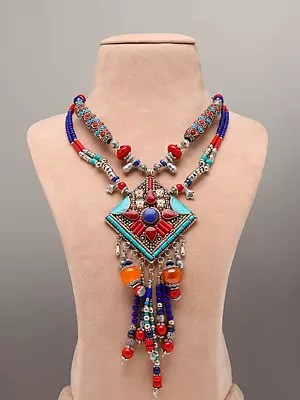 Tibetan Style Stone Studded and Beaded Long Necklace