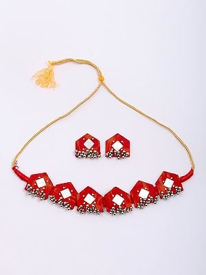 Handloom Sambalpuri Fabric Choker and Earrings Set with Dangling Beads