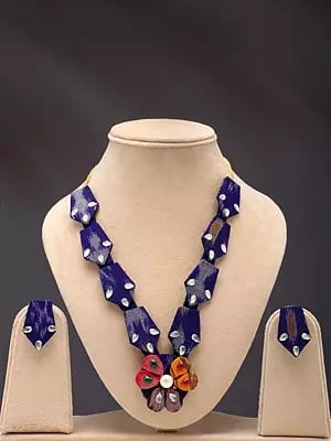 Stone Studded Floral Design Handloom Sambalpuri Fabric Necklace and Earrings Set