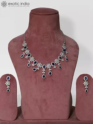 Floral Design Stone Studded Elegant American Diamond Necklace Set With Earrings