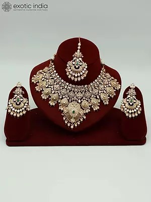 Hanging Beads Heavy Kundan Necklace Set With Earrings And Mangtika
