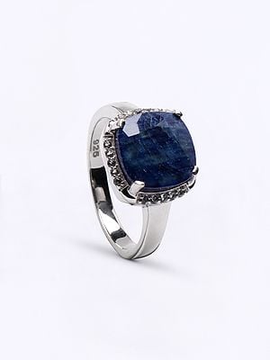 Cushion Cut Blue Sapphire Ring with Cubic Zirconia