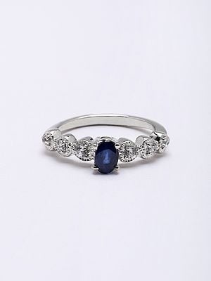 Oval Shape Faceted Blue Sapphire Ring with Cubic Zirconia