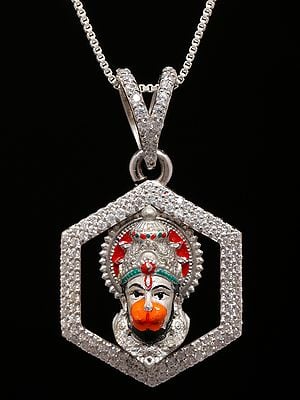Stone Studded Lord Hanuman Face Sterling Silver Pendant