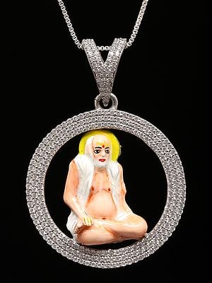 Round Shape Enamelled Bajrangdas Bapa (Saint) Sterling Silver Pendant