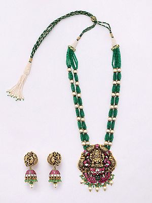 Traditional Goddess Laxmi Necklace and Earrings Set with Beaded Strand