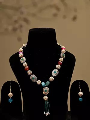 Multicolour Stone Necklace Set with Beaded Tassel and Earrings