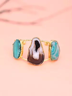 Abstract Stone Studded Triple Panel Open Cuff Bracelet