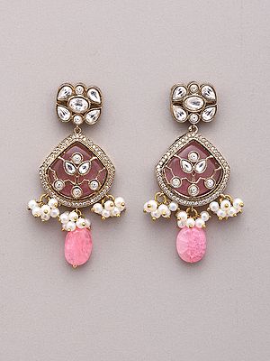 Ethnic Kundan-Style Stone Studded Earrings with Bead Drop
