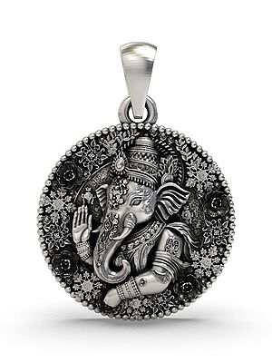Round Shape Floral Lord Ganesha Sterling Silver Pendant