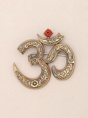 Engraved Brass Om Brooch with Rudraksha Accent
