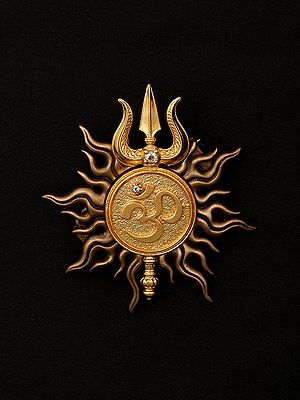 Divine Om Surya Chakra Gold Finish Trishul Brass Brooch
