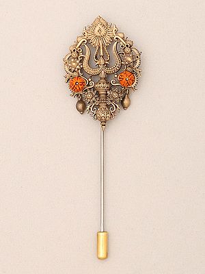 Ornate Trishul Brass Lapel Pin (Stick Brooch) with Rudraksha