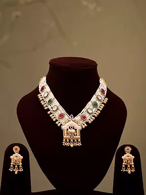 Beaded Multi Strand Temple Style Elephant Design Necklace and Earrings Set