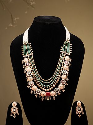 Multi Layer Rajwadi Kundan Rani Haar and Earrings Set With Ghungroo Drop