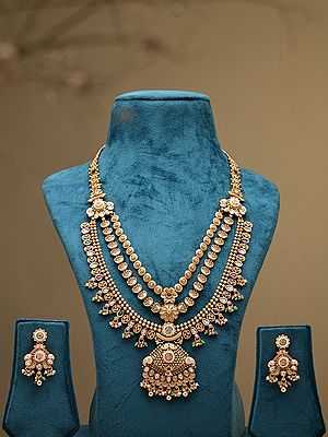 Traditional Three Layer Rajwadi Rani Haar and Earrings Set with Bead Drop