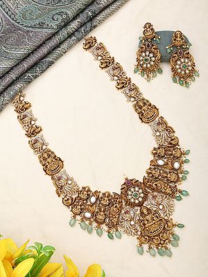 Antique Finish Temple Haram Brass Necklace and Earrings Set