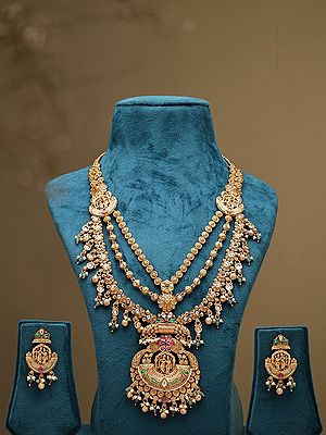 Stone Studded Radha Krishna Rajwadi Necklace and Chand Bali Set With Ghungroo