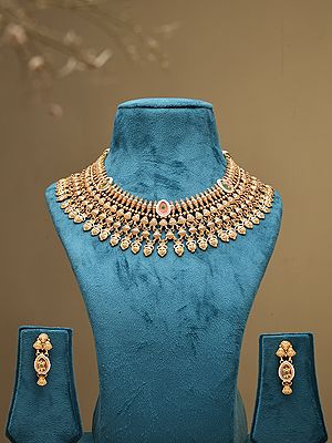 Semi Bridal Kundan Studded Leaf Design Choker Necklace and Earring Set