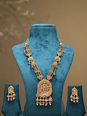 Radha Krishna Temple South Indian Haram Necklace and Earring Set with Ghungroo