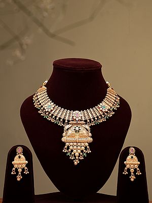 Kundan Stone Studded South Indian Necklace and Earring Set with Ghungroo Drop