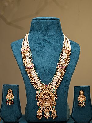 Multi Strand Stone Studded Radha Krishna Rajwadi Rani Haar Set with Bead Drop