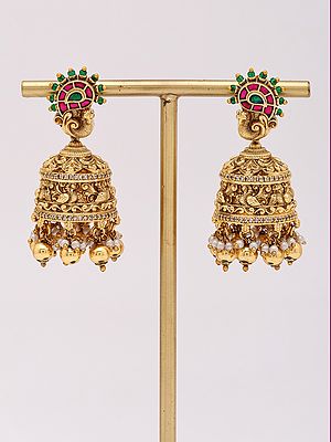 Stone Studded Peacock Antique Jhumka Earrings