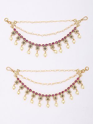 Stone Studded Ear Chains with Pearl Drops (Pair)