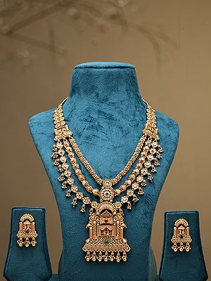 Traditional Jharokha Carved Three Layer Rajwadi Rani Haar Set with Bead Drop