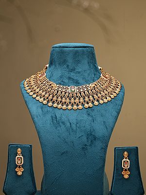 Kundan Studdded Flower Design Semi Bridal Choker Necklace and Earring Set