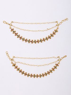 Bridal Floral Three Layer Ear Chain (Kaan Chain) Pair