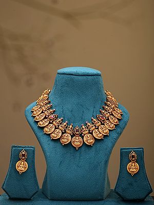 Goddess Lakshmi South Indian Kasu Necklace and Earring Set