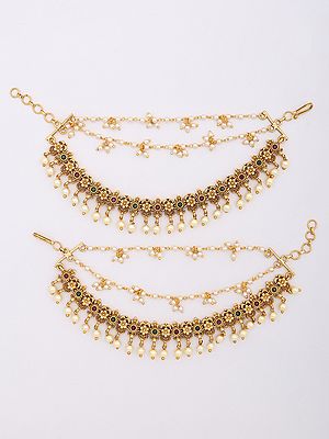 Bridal Floral Mattal (Ear Chain) with Pearl Drops (Pair)