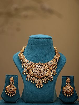 Antique Gold Finish Stone Studded Peacock Necklace Set