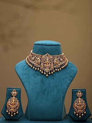 Stone Studded Goddess Laxmi Choker Necklace and Earring Set