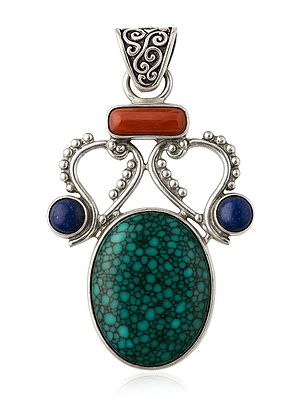 Spider's Web Turquoise Pendant with Coral and Lapis Lazuli