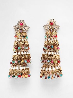 Multicolor Stone Studded Dome Shaped Triple Layer Jhumka