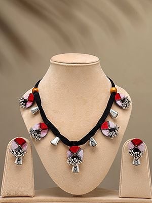 Beaded Handloom Sambalpuri Fabric Necklace and Earrings Set with Jingling Bells