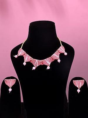 Pink Handloom Sambalpuri Fabric Choker & Earrings Set with Beads Drop