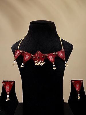 Stone Studded and Beaded Handloom Sambalpuri Fabric Choker Set with Earrings