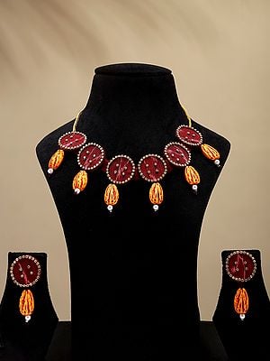 Haute-Red Handloom Sambalpuri Fabric Choker & Earrings Set with Dangling Stones