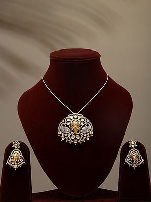 Lord Ganesha Face Pendant and Earrings Set with Studded Stones